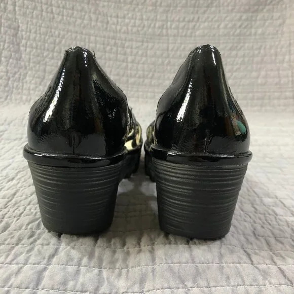 Fly London Wedge Size 41 EU 10 US Yadi Interwoven Straps Peep Toe Black Patent - Picture 10 of 13